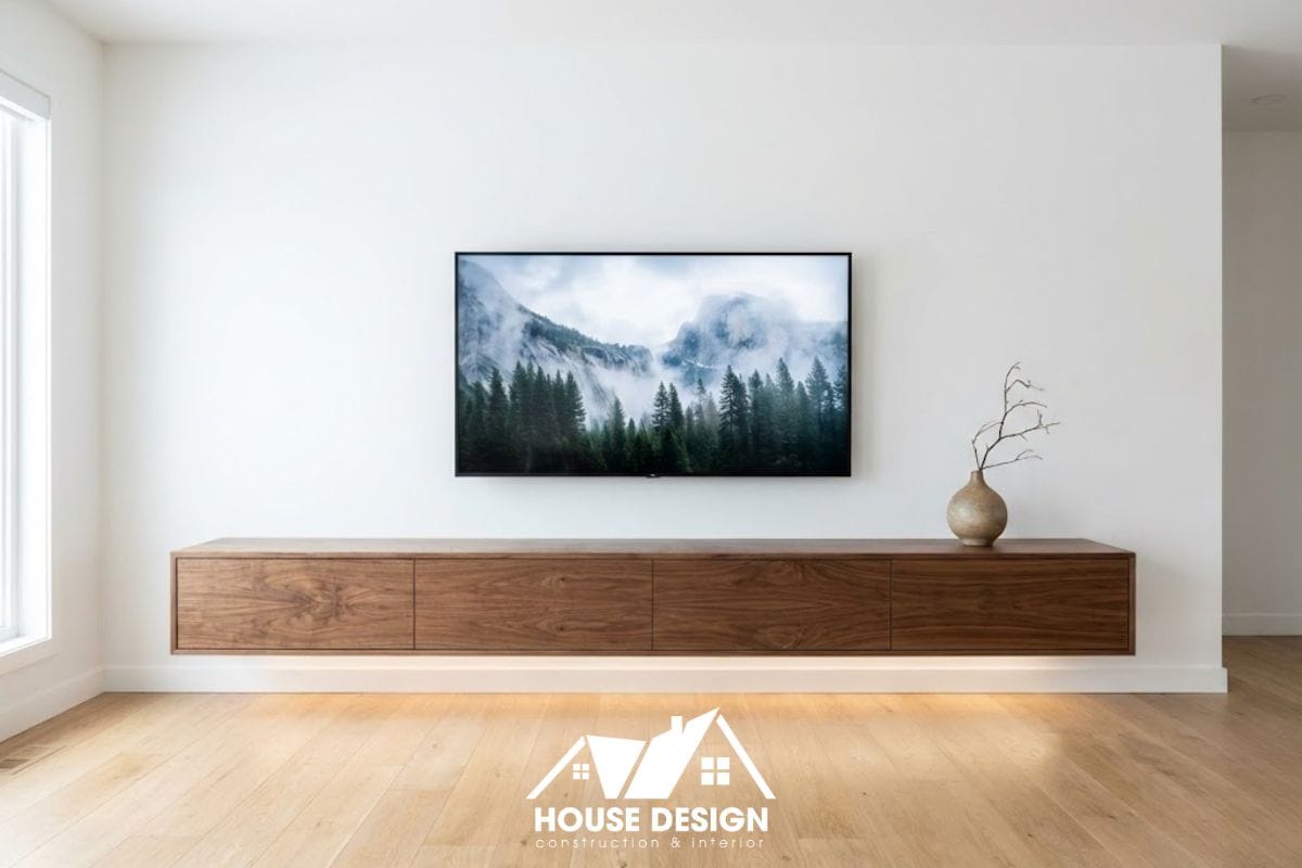 Kệ tivi treo tường không chân giúp sàn nhà thông thoáng trong thiết kế chung cư phong cách tối giản.