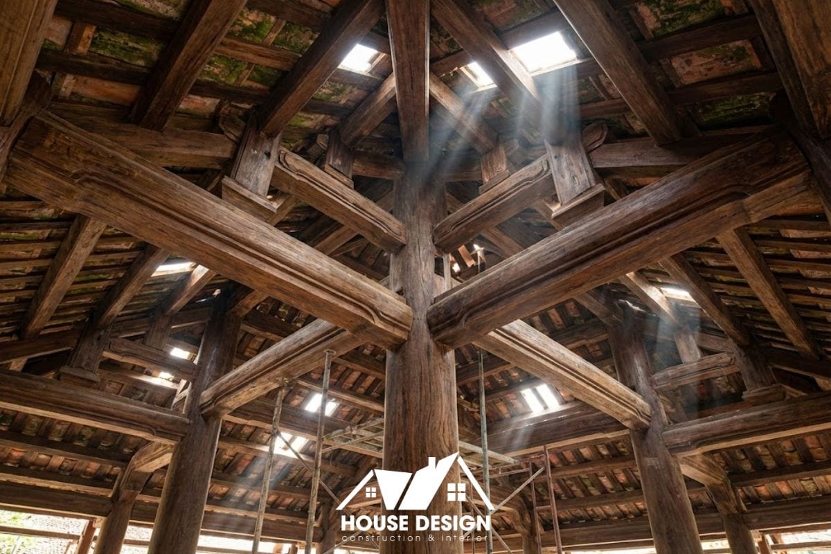 Hệ khung mái nhà gỗ 3 gian gồm hoành, dui, mè đang được thi công và kiểm tra kỹ thuật.