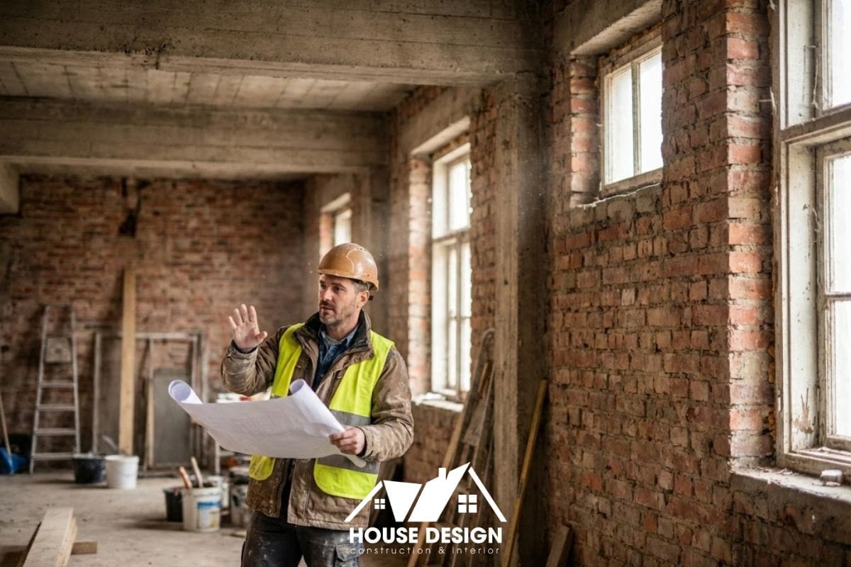 Kiến trúc sư đang khảo sát kết cấu móng và tường chịu lực của nhà cũ trước khi cải tạo thành quán cafe.