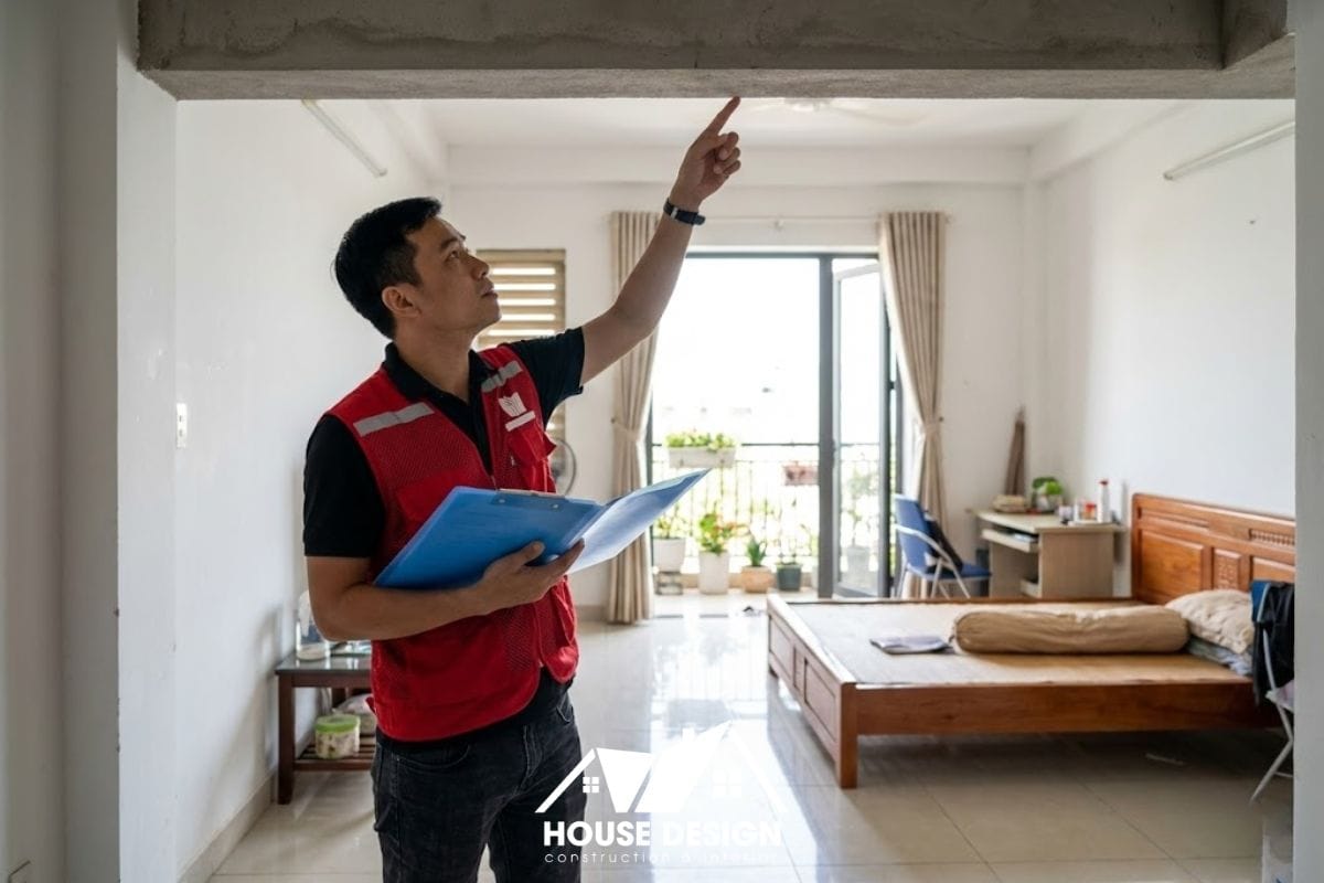 Kỹ sư mặc áo đồng phục đỏ đang khảo sát kết cấu tường và trần nhà phố để lên phương án cải tạo nâng tầng.