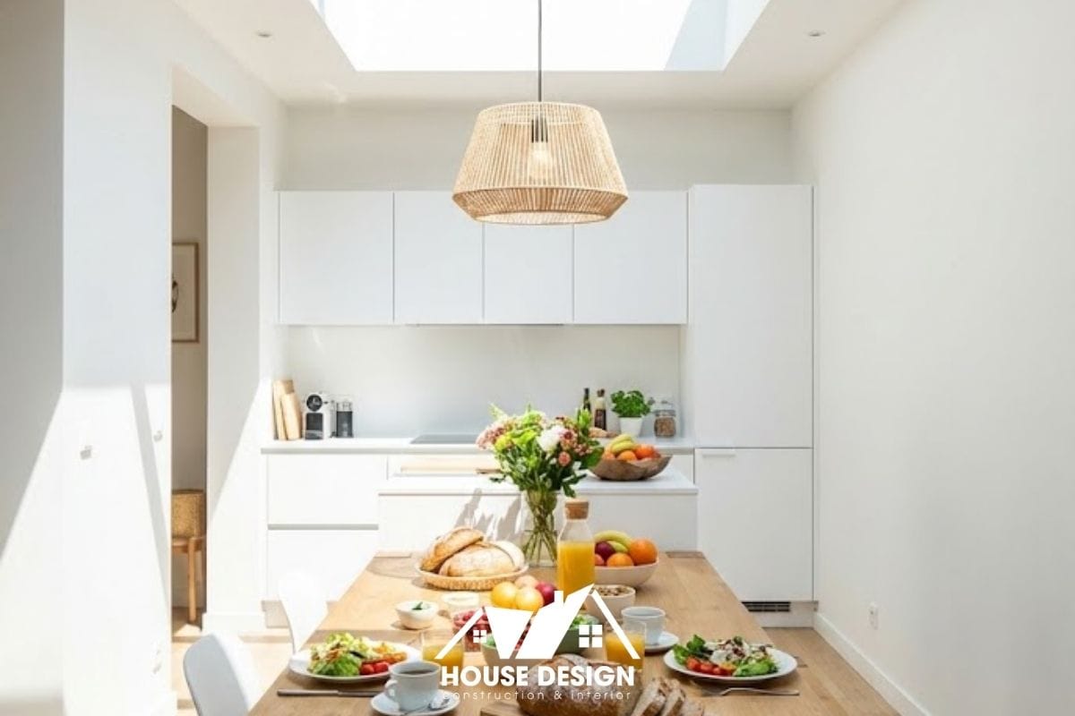 Khu vực bàn ăn và bếp nấu bừng sáng nhờ hệ giếng trời lớn trên trần, tạo cảm giác thông thoáng tuyệt đối.