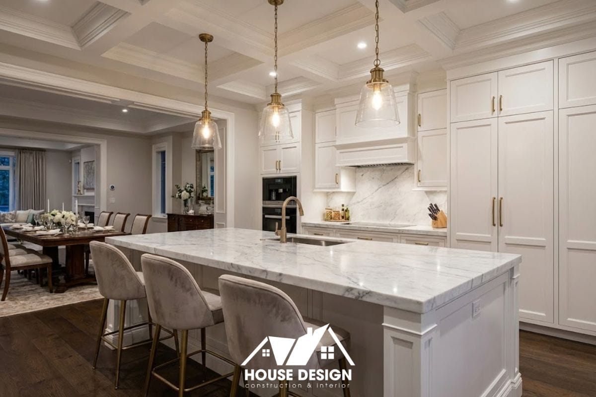 Khu vực bếp nấu có bàn đảo đá marble sang trọng trong chung cư phong cách tân cổ điển diện tích lớn.