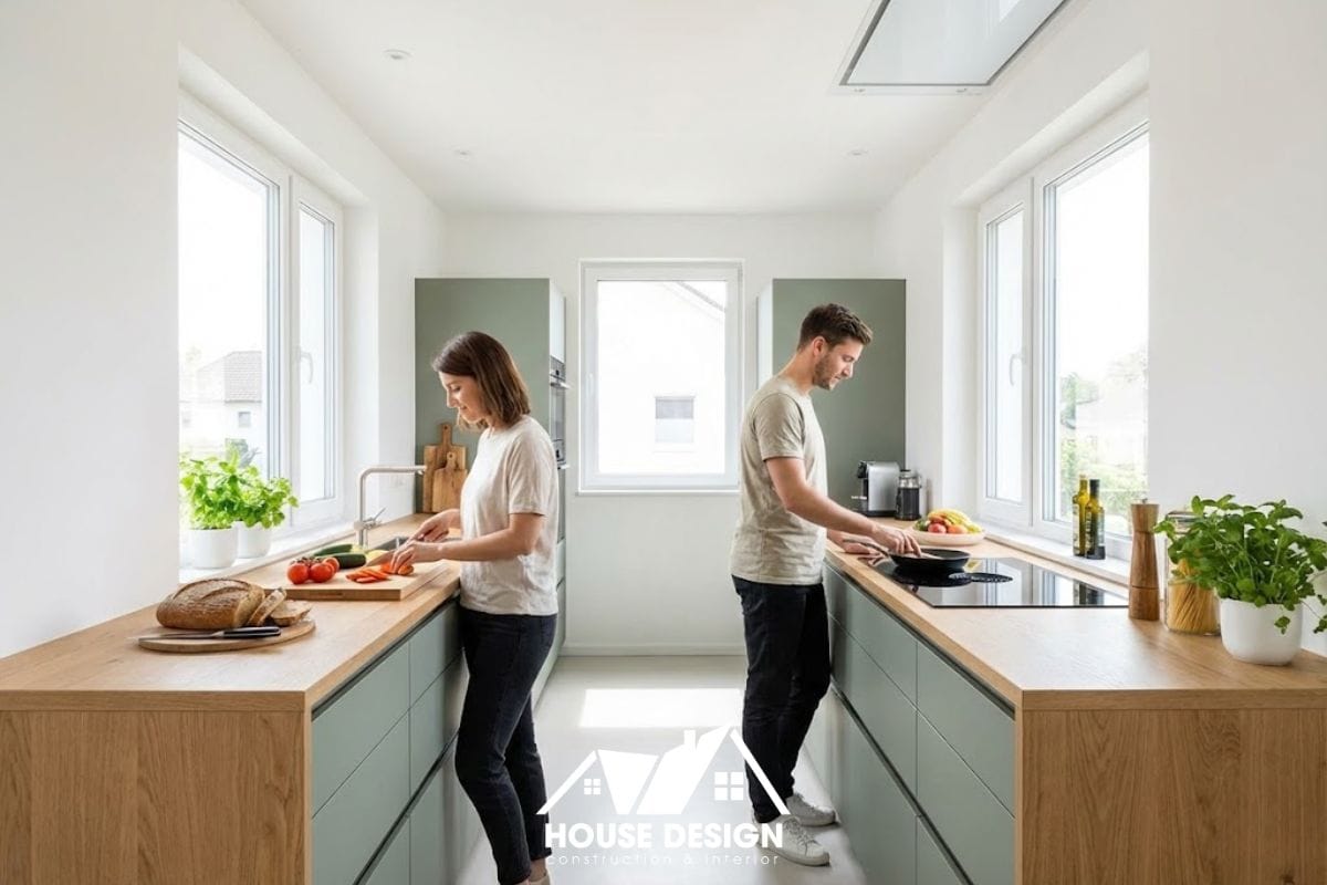 Không gian bếp rộng thoáng với đảo bếp giúp vợ chồng cùng nhau nấu ăn trong chung cư phong cách tối giản.