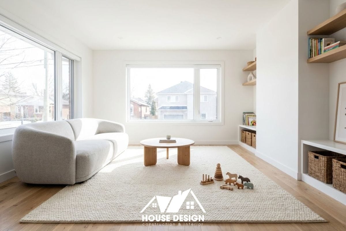 Phòng khách chung cư phong cách tối giản với nhiều khoảng trống và thảm êm ái an toàn cho trẻ nhỏ.