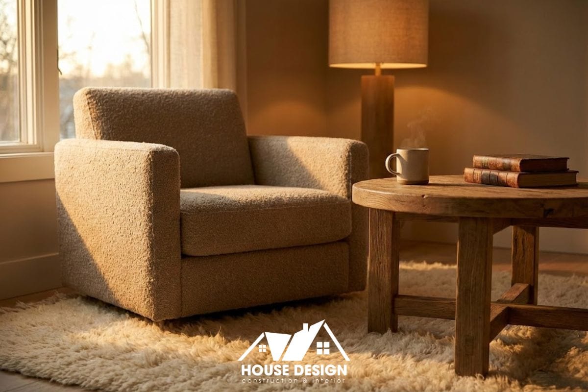 Góc căn hộ tối giản ấm cúng với ánh sáng vàng, ghế thư giãn và chất liệu gỗ tự nhiên.