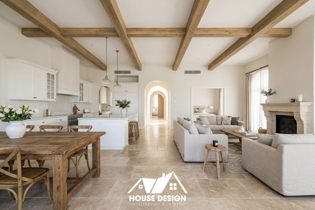 Không gian sinh hoạt chung rộng lớn trong căn hộ 3 phòng ngủ phong cách Địa Trung Hải với sàn lát đá và trần thạch cao giật cấp nhẹ.