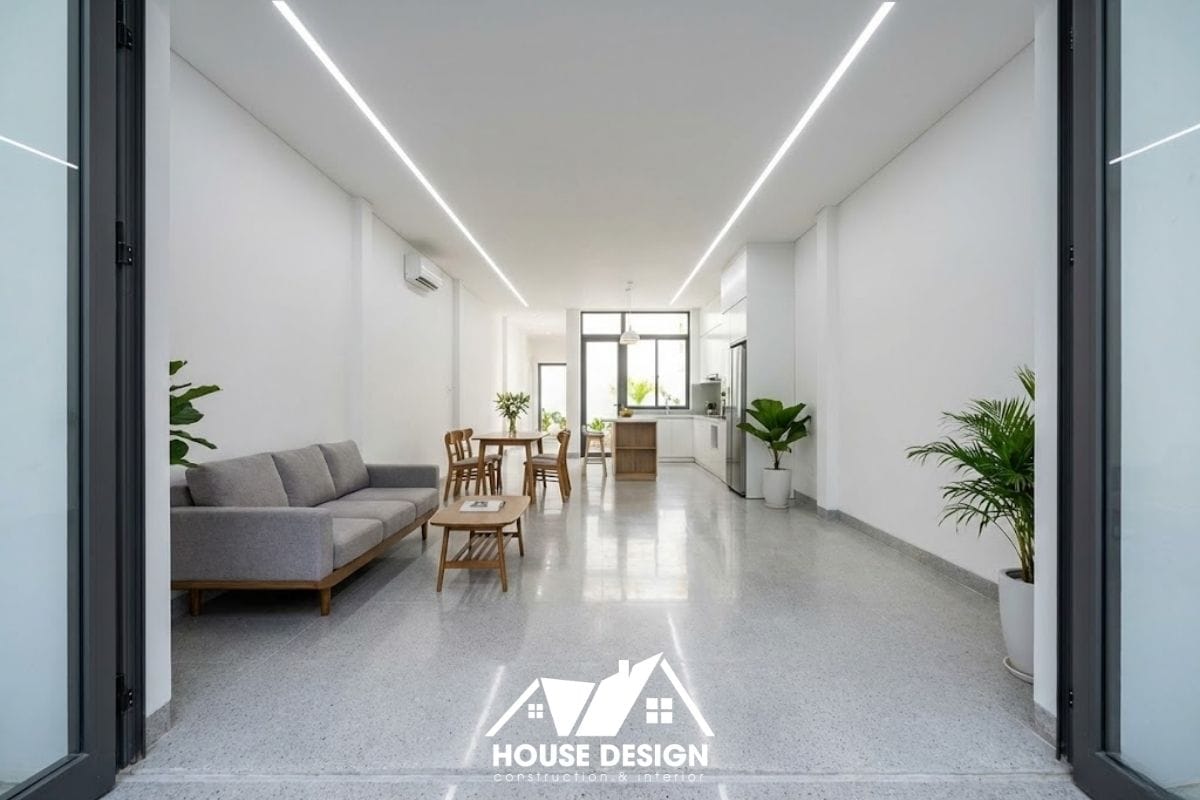 Góc nhìn toàn cảnh từ cửa chính vào ngôi nhà cấp 4 sau cải tạo, cho thấy không gian phòng khách liền bếp và phòng ăn thông thoáng không vách ngăn.