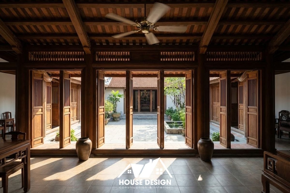 Không gian gian giữa thoáng đãng nhờ hệ thống cửa bức bàn mở rộng và quạt trần cổ điển.