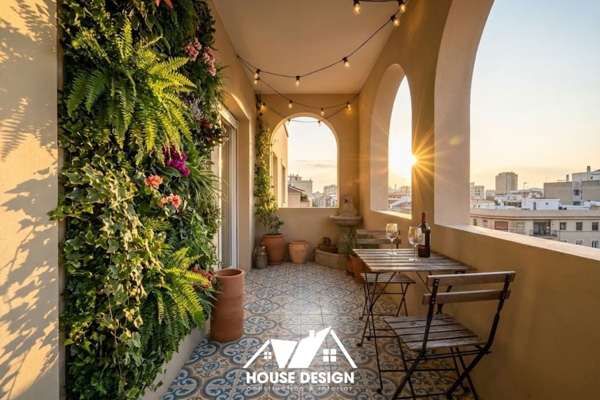 Logia chung cư được thiết kế thành vườn đứng xanh mát với bàn cafe nhỏ phong cách Địa Trung Hải.