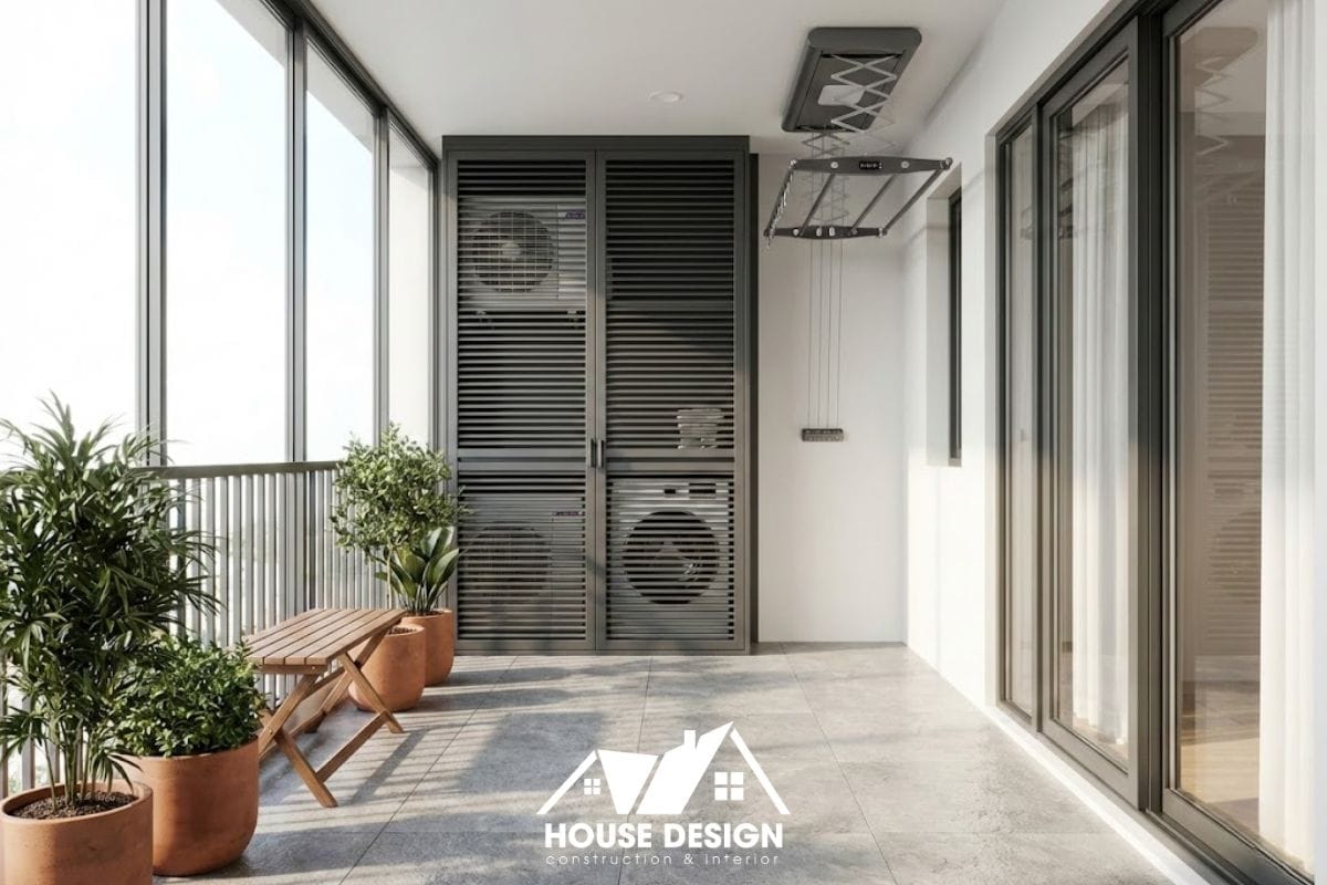 Hệ tủ cửa chớp giúp giấu máy giặt và cục nóng điều hòa tại logia chung cư phong cách tối giản.