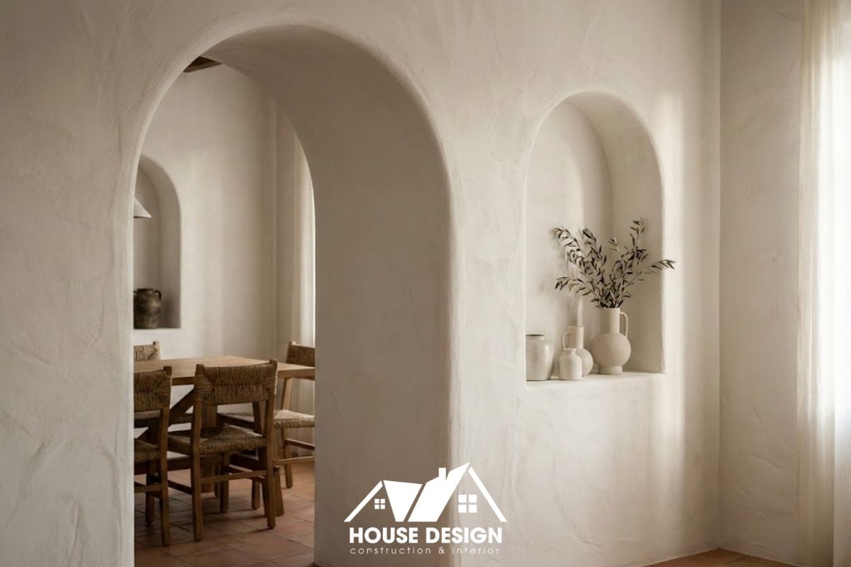 Thiết kế cửa vòm giả và hốc tường trang trí tạo chiều sâu cho căn hộ chung cư phong cách Địa Trung Hải.