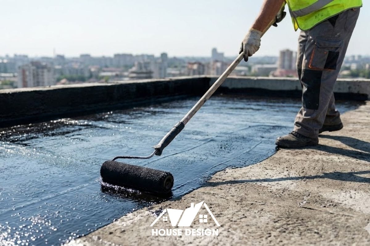 Thợ thi công đang quét lớp chống thấm chuyên dụng trên sàn mái tầng 3 để ngăn ngừa nứt và thấm dột.