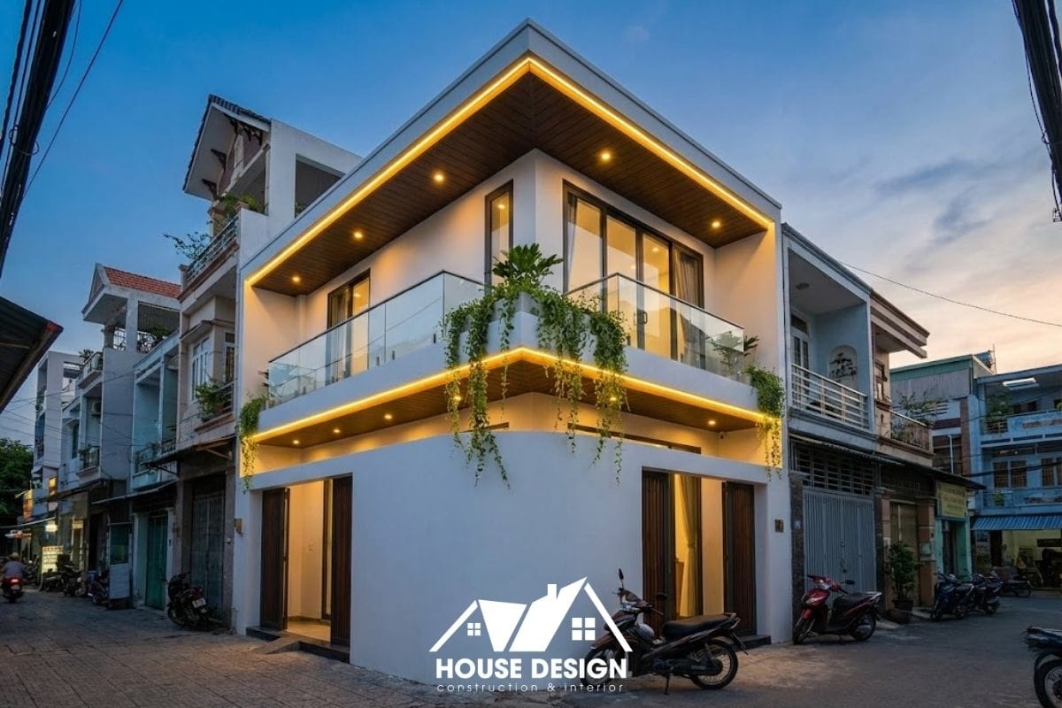 Mặt tiền nhà ống 2 tầng sau cải tạo với phong cách hiện đại, sử dụng ban công kính và trần ốp gỗ nhựa sang trọng.