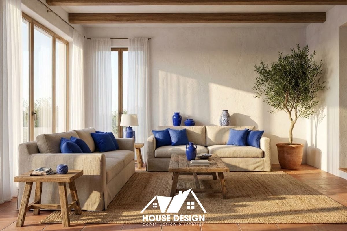 Phòng khách chung cư phong cách Địa Trung Hải hiện đại với tường trắng, sofa màu kem và cửa sổ lớn đón ánh sáng tự nhiên.