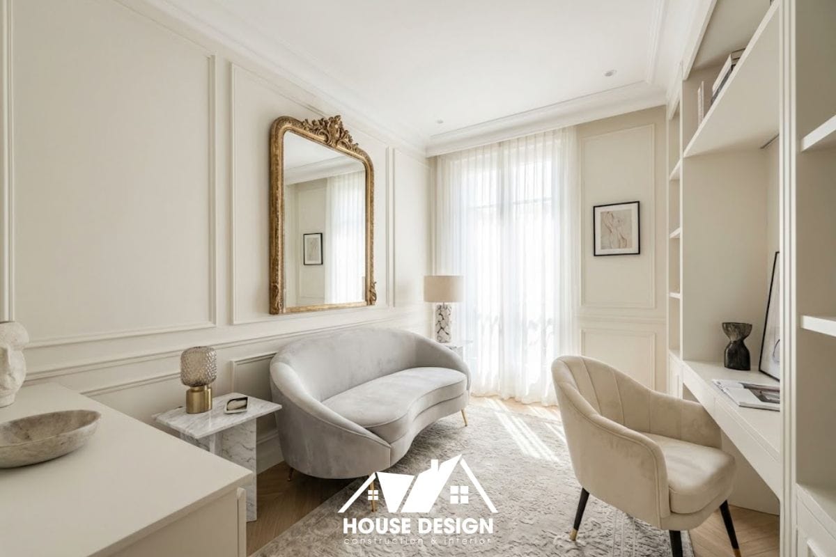 Không gian phòng khách căn hộ chung cư phong cách tân cổ điển 1 phòng ngủ 45m2 tông màu kem sáng sủa.