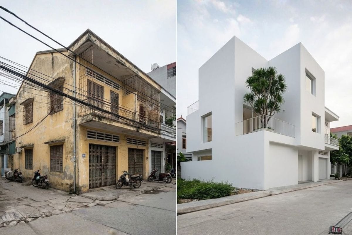 Ảnh trước và sau khi nâng tầng nhà phố theo phong cách tối giản, tông màu trắng chủ đạo và đường nét tinh gọn.