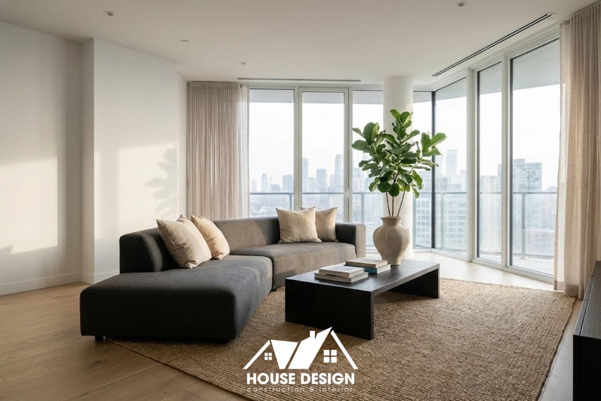 Không gian phòng khách chung cư phong cách tối giản với tông màu trắng be chủ đạo và ánh sáng tự nhiên ngập tràn.