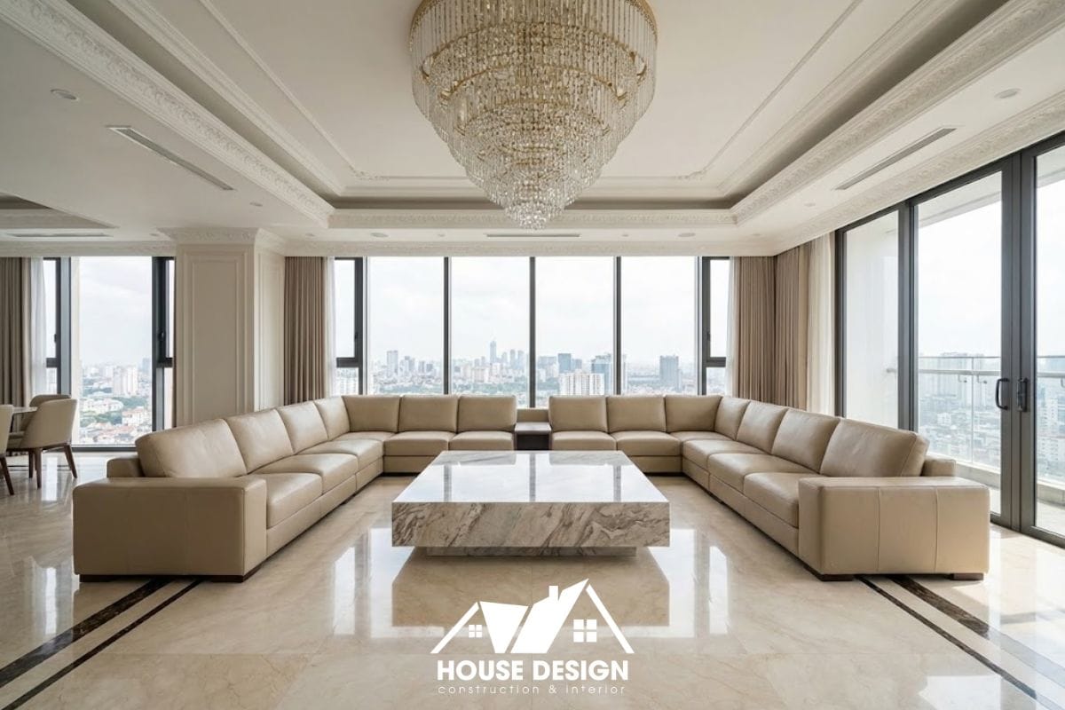 Không gian phòng khách rộng lớn trong mẫu thiết kế nhà chung cư phong cách tân cổ điển 3 phòng ngủ với đèn chùm pha lê lộng lẫy.