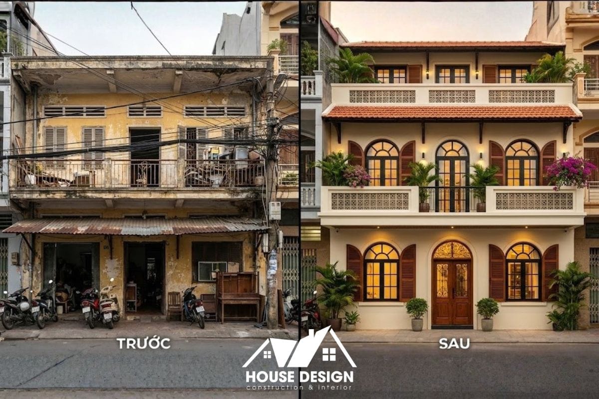 Hình ảnh so sánh trước sau của nhà phố cải tạo theo kiến trúc bán cổ điển với phào chỉ tinh tế và lan can sắt mỹ thuật.