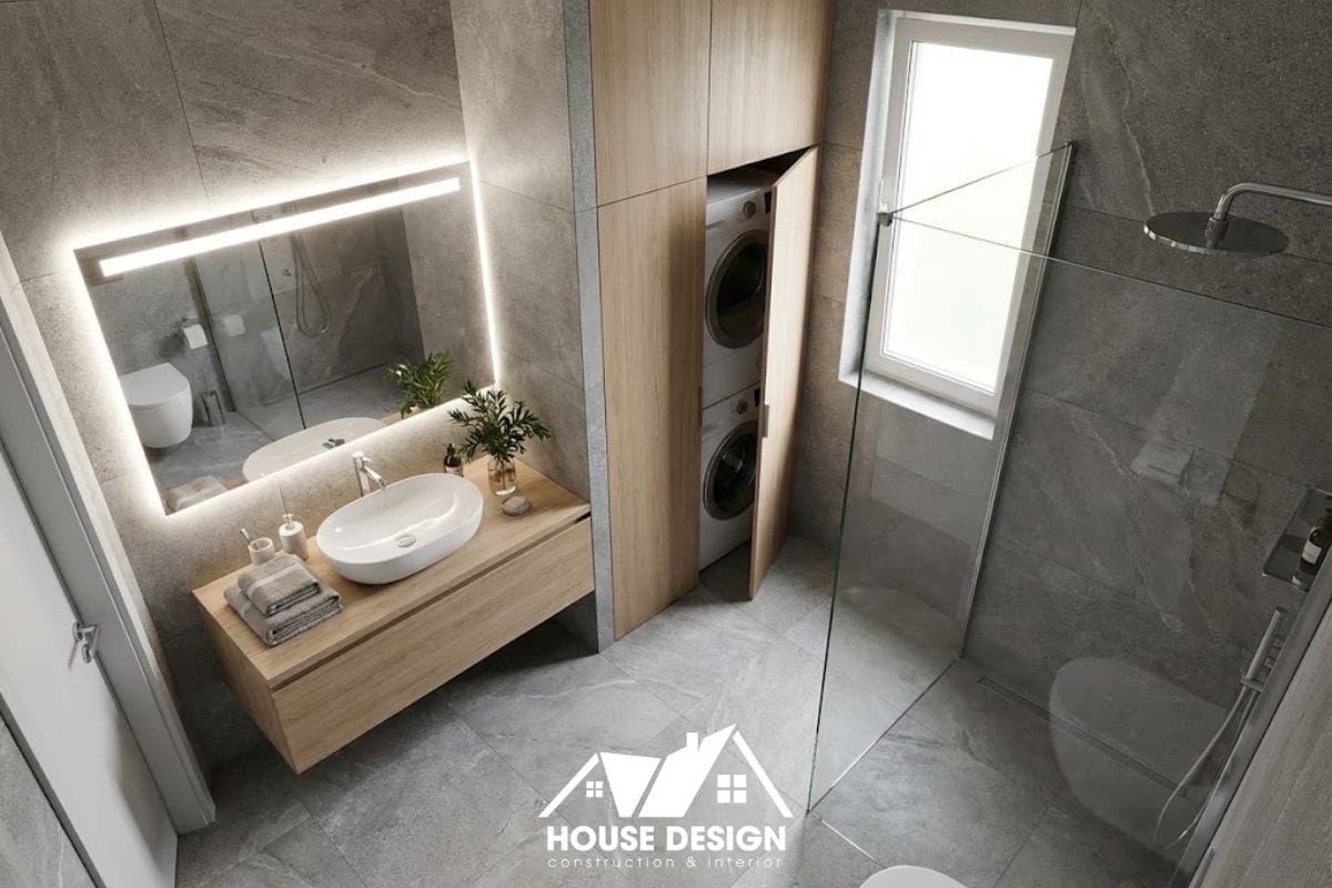 Nhà tắm chung cư phong cách tối giản với tủ lavabo treo và khu vực giặt sấy được giấu gọn gàng.