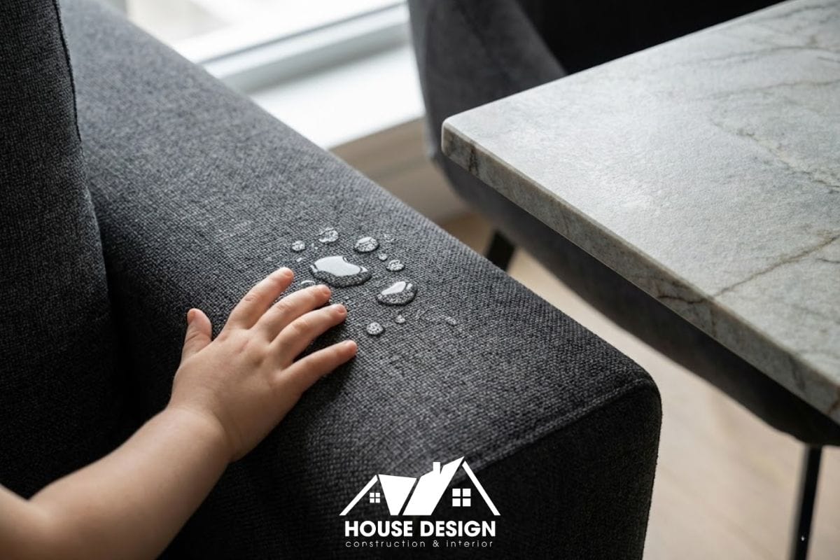 Sofa chất liệu da hoặc vải công nghệ cao chống thấm nước trong căn hộ chung cư phong cách tối giản cho gia đình.
