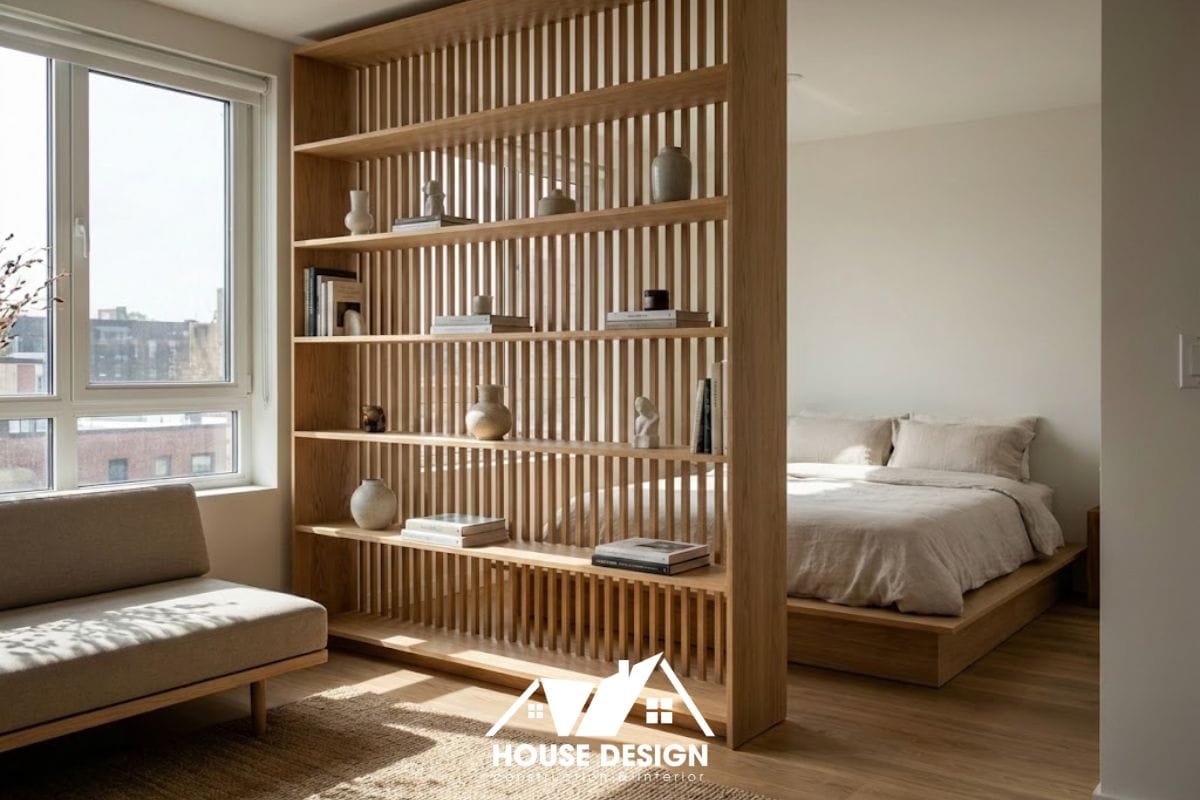 Sử dụng kệ sách mở làm vách ngăn trong chung cư phong cách tối giản giúp phân chia không gian mà không cản sáng.