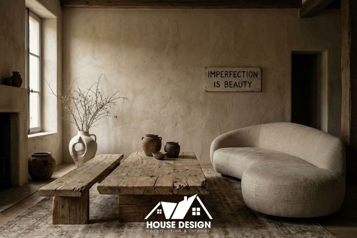 Nội thất chung cư phong cách tối giản Wabi Sabi với tường hiệu ứng thô mộc và đồ gỗ tự nhiên.