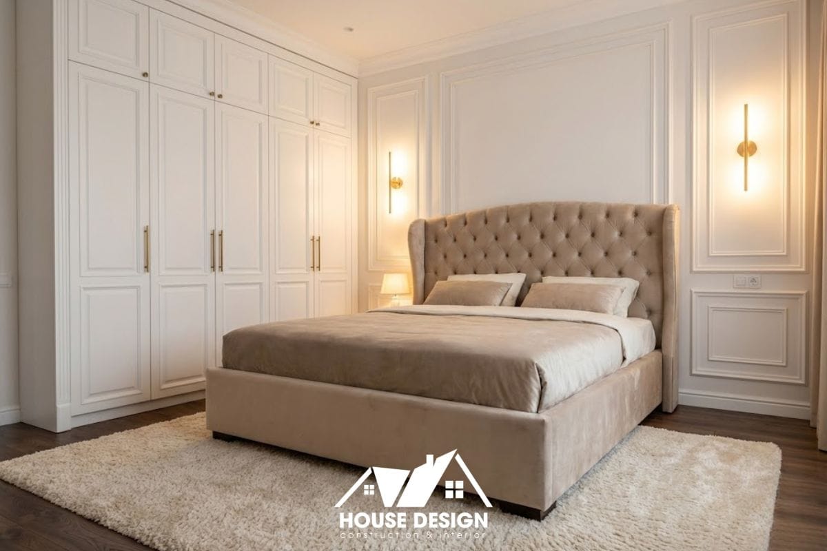 Nội thất phòng ngủ chung cư phong cách tân cổ điển 70m2 với tủ quần áo kịch trần và giường bọc nỉ sang trọng.