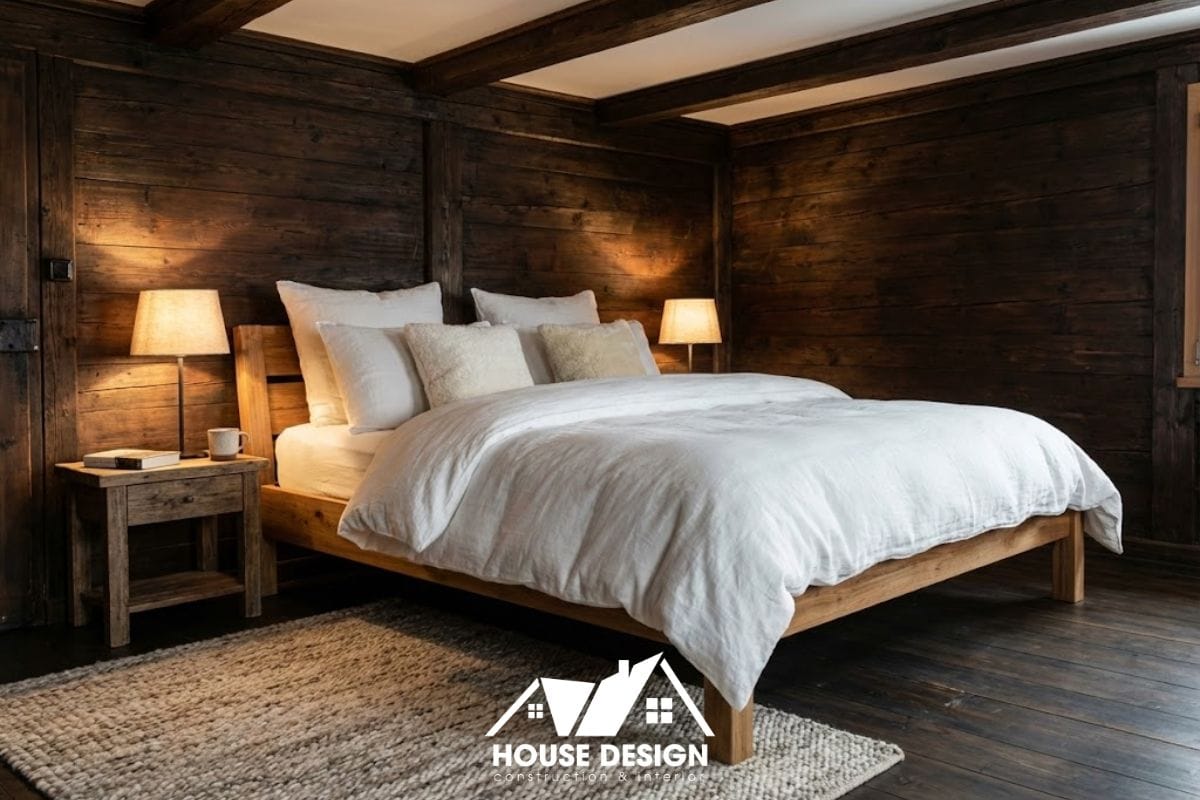 Phòng ngủ cải tạo trong nhà gỗ với giường gỗ truyền thống kết hợp chăn ga đệm màu sáng hiện đại.