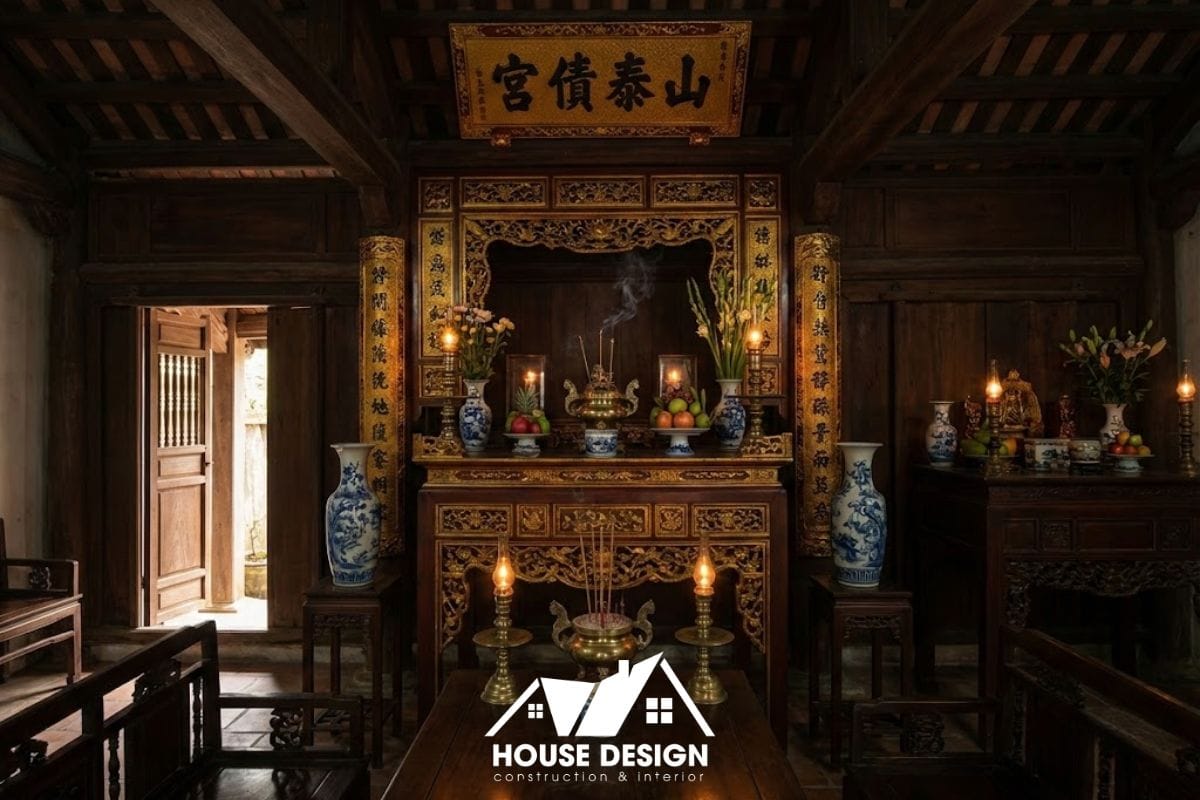 Không gian nội thất gian giữa nhà gỗ với bàn thờ gia tiên uy nghi, hoành phi câu đối sơn son thếp vàng.