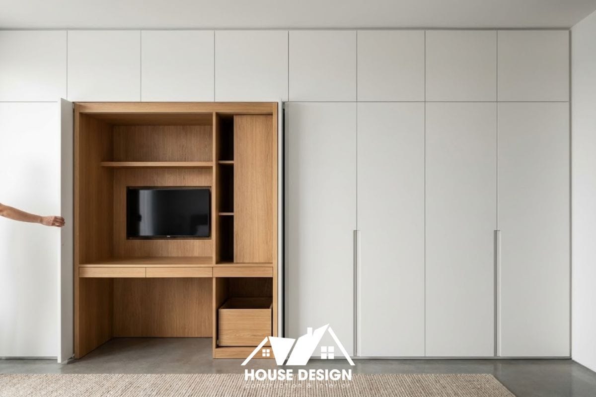 Hệ tủ âm tường kịch trần thiết kế phẳng giúp giấu đồ và giữ căn hộ gọn gàng.