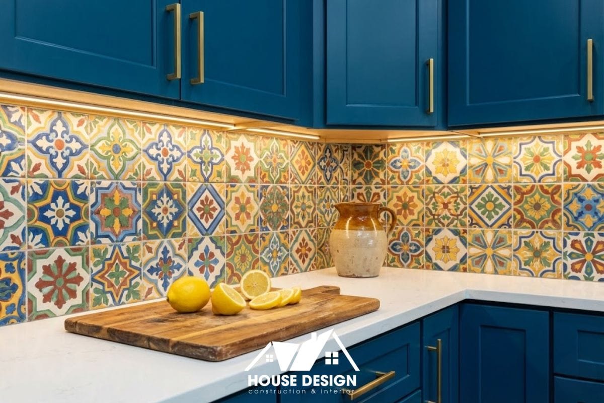 Tủ bếp màu xanh kết hợp gạch ốp tường họa tiết đặc trưng trong căn hộ chung cư phong cách Địa Trung Hải.