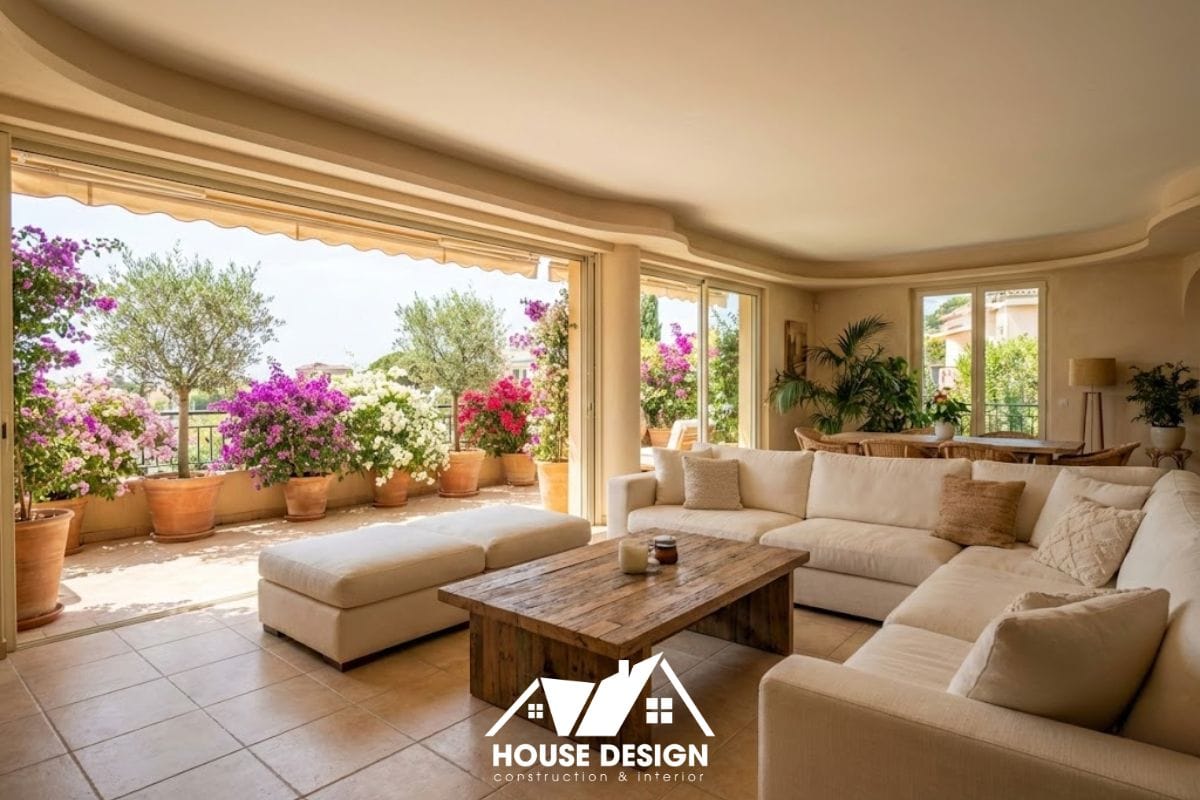 Phòng khách chung cư 2 phòng ngủ phong cách Địa Trung Hải với cửa kính lớn nhìn ra ban công nhiều cây xanh.