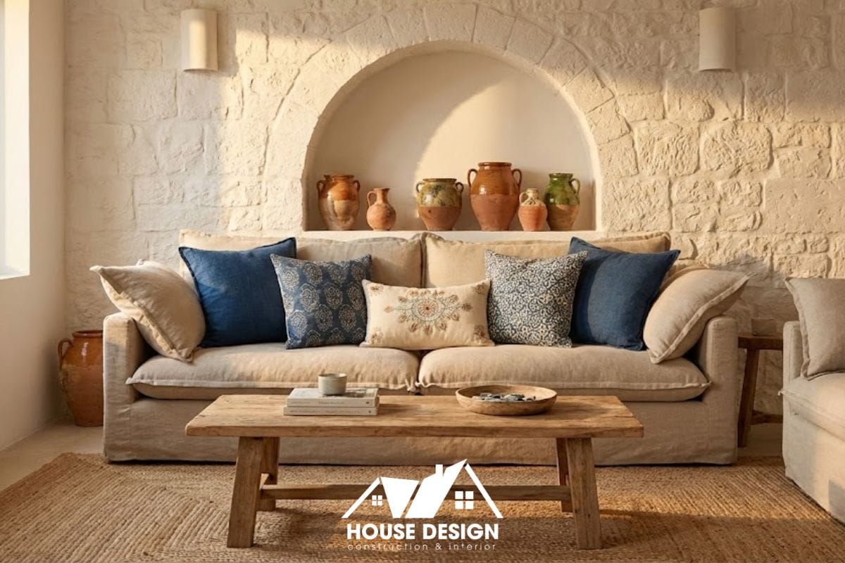 Tường sơn hiệu ứng giả cổ và nội thất vải thô tạo nên chiều sâu cảm xúc cho phòng khách.