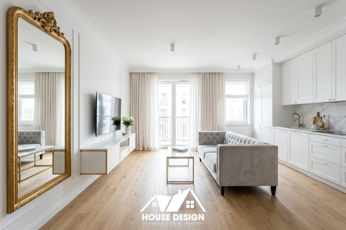 Thiết kế phòng khách liền bếp trong chung cư phong cách tân cổ điển diện tích nhỏ 60m2 với tông màu trắng sáng.