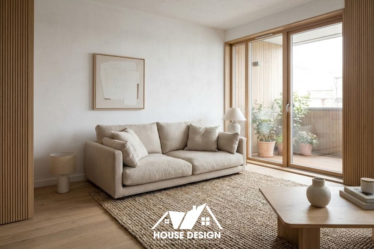 Phòng khách chung cư phong cách tối giản 1 phòng ngủ với sofa chữ L nhỏ và thảm trải sàn màu trung tính.