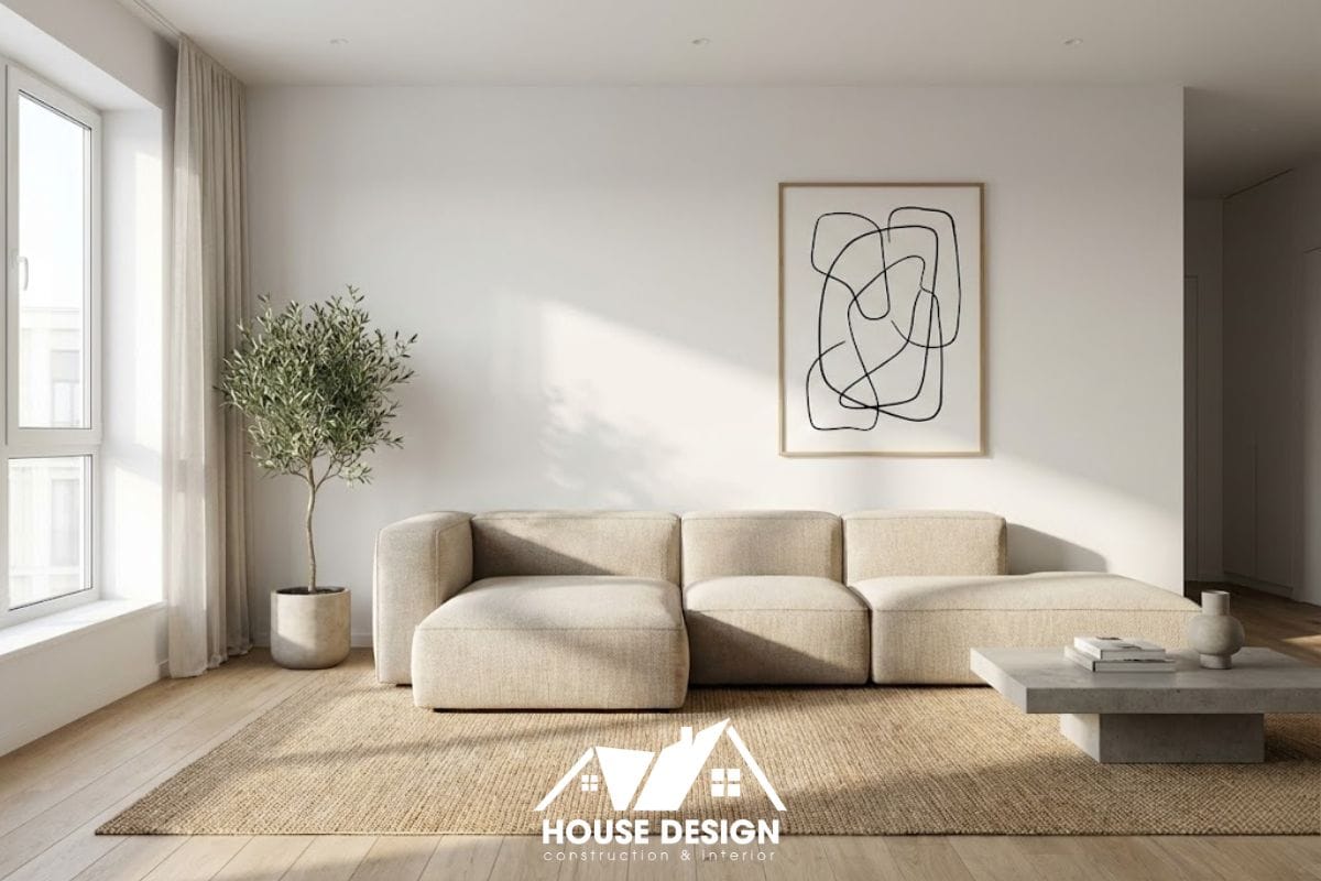 Bộ sofa màu kem trong phòng khách chung cư phong cách tối giản ngập tràn ánh sáng tự nhiên.
