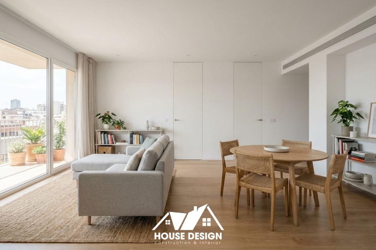 Không gian phòng khách liền bếp trong chung cư phong cách tối giản 2 phòng ngủ với bàn ăn tròn tiết kiệm diện tích.