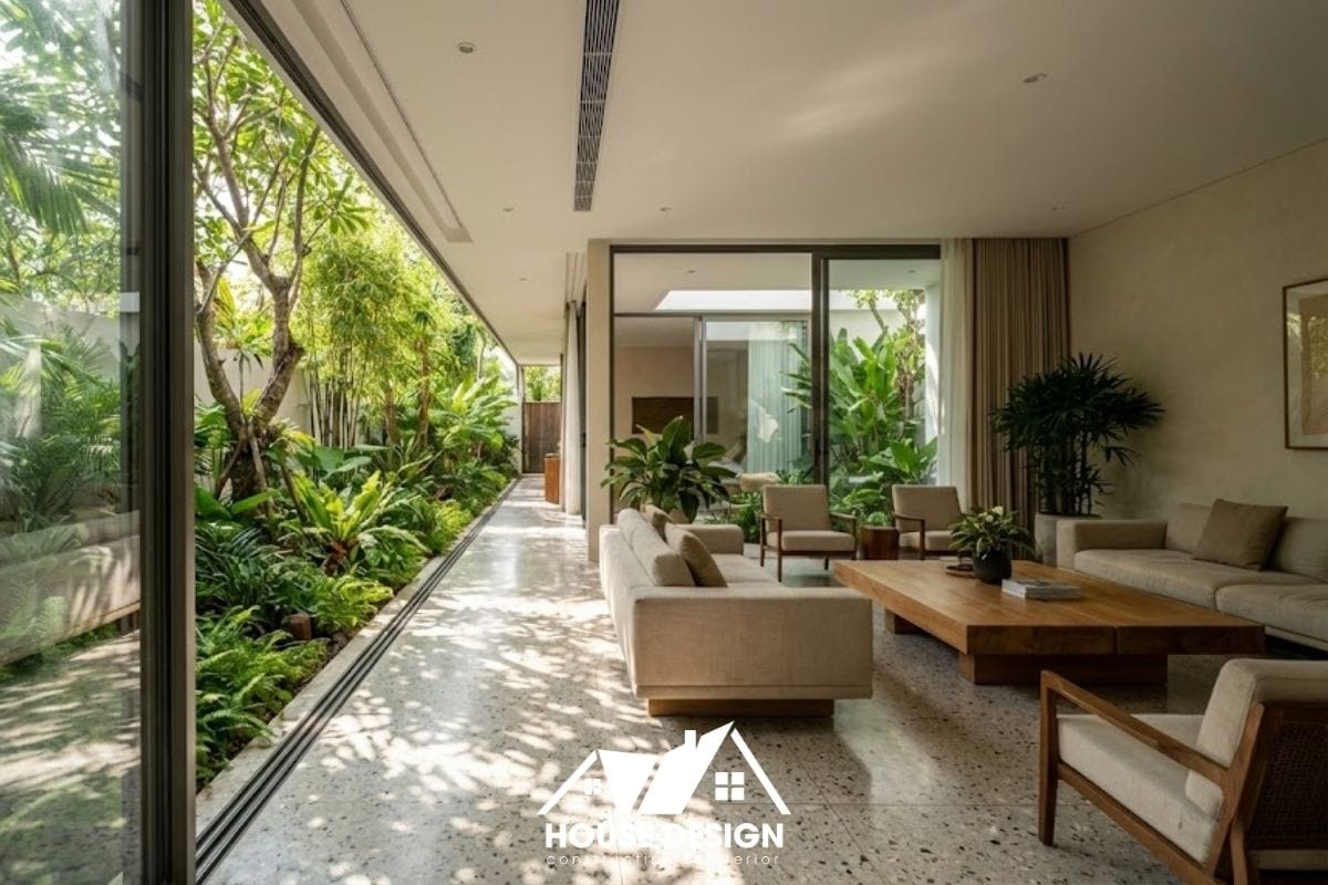 Không gian phòng khách nhìn ra khu vườn nhỏ chạy dọc bên hông nhà nhờ hệ cửa kính kịch trần.