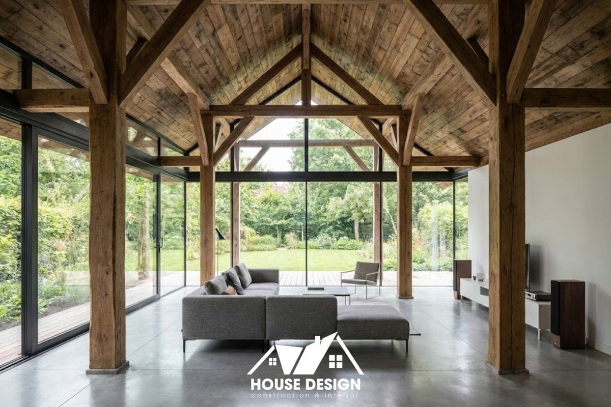 Phòng khách nhà gỗ cải tạo sử dụng vách kính cường lực lớn lấy sáng, kết hợp sofa hiện đại và khung cột gỗ cũ.