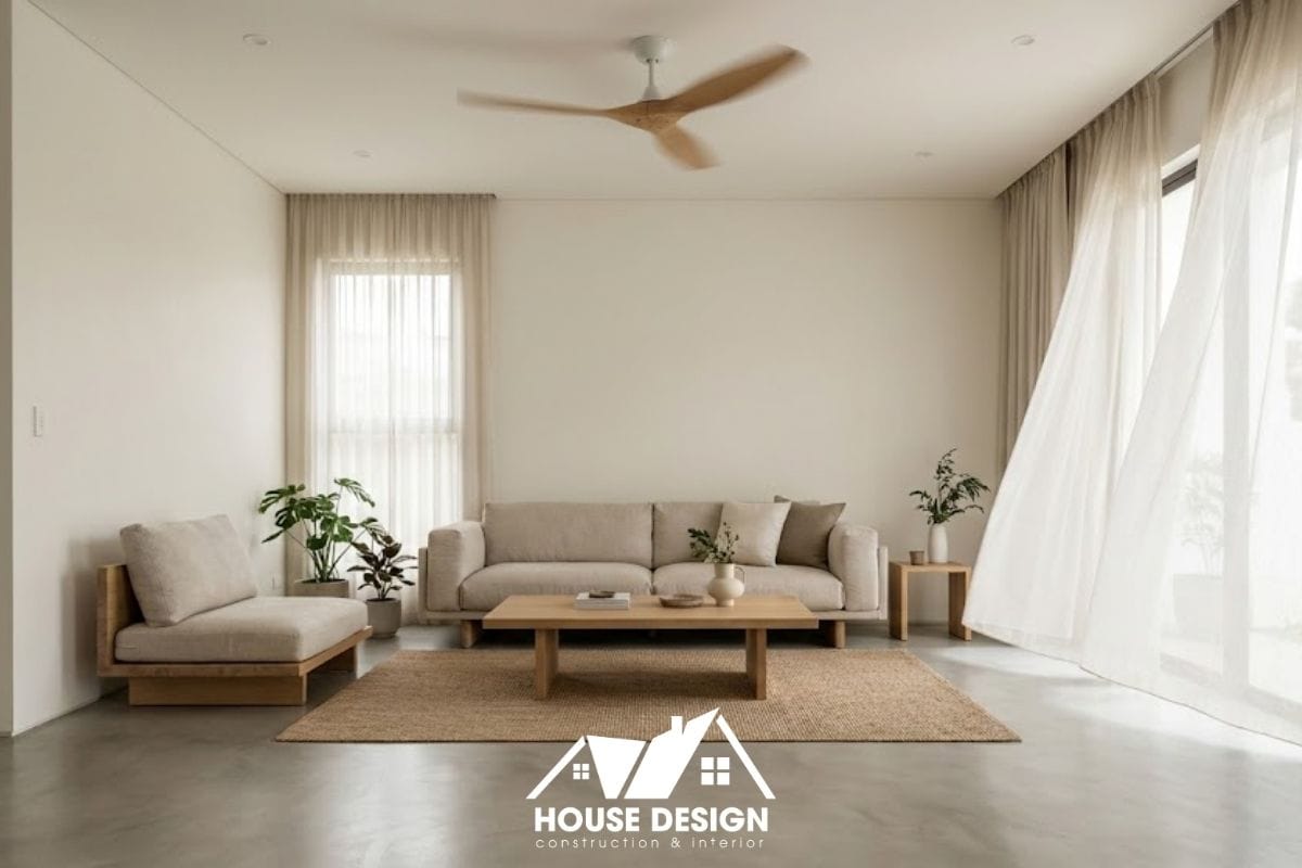 Phòng khách phong cách tối giản (Minimalism) với gam màu trắng - gỗ, ít đồ đạc và cửa sổ mở rộng đón gió.