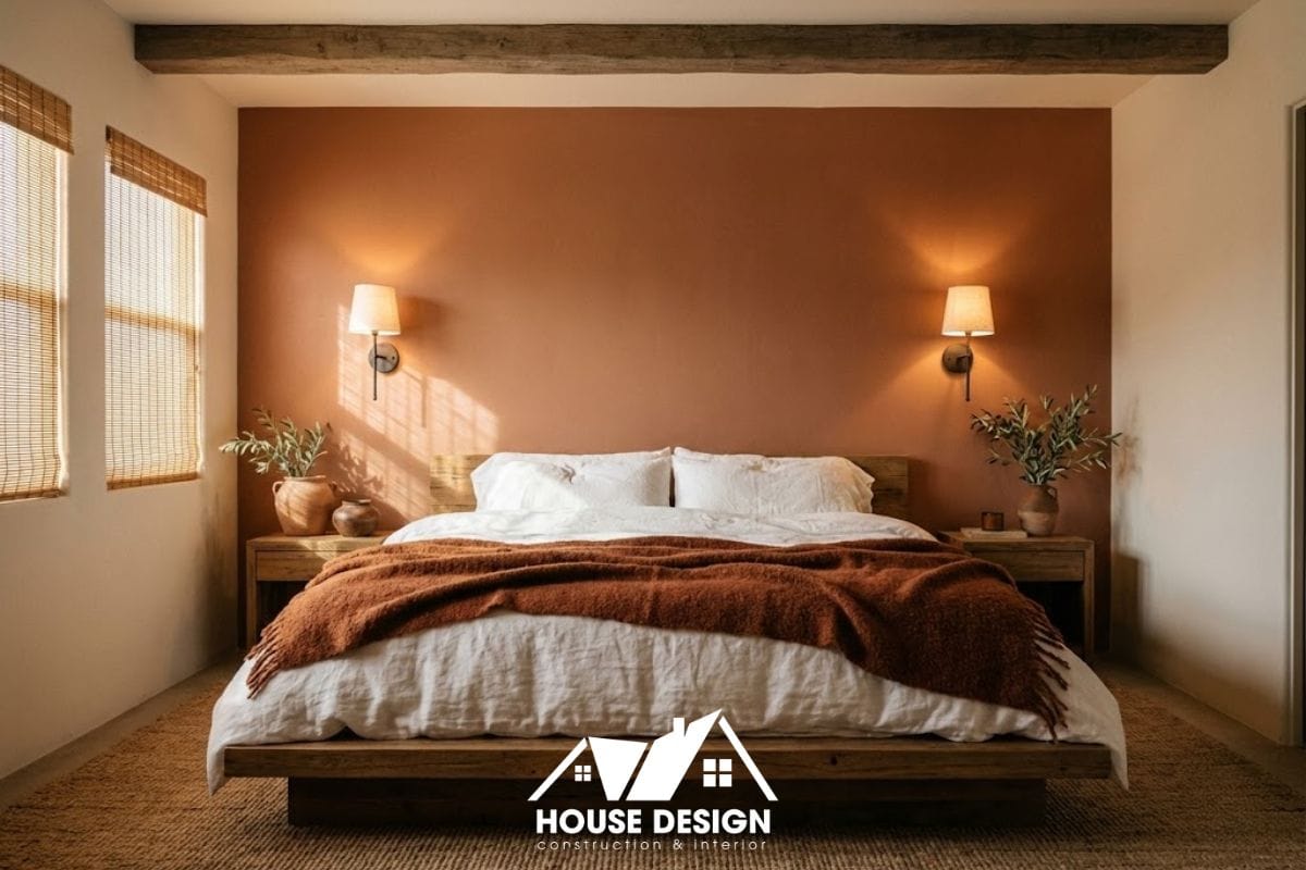 Phòng ngủ chung cư phong cách Địa Trung Hải ấm cúng với gam màu đất nung và giường gỗ tự nhiên.