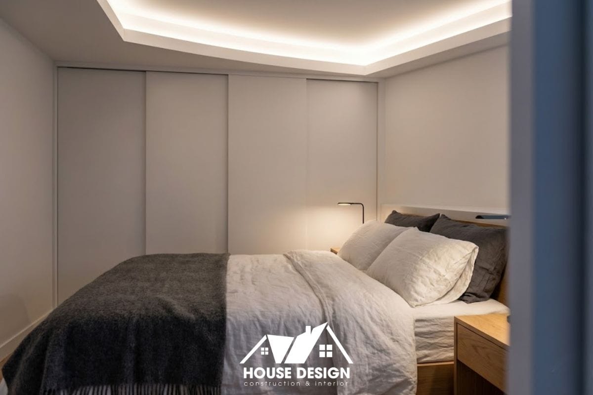 Thiết kế phòng ngủ chung cư phong cách tối giản với tông màu xám trắng và tủ quần áo cửa trượt.