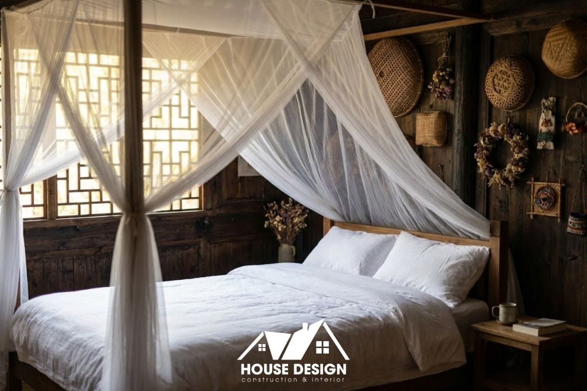 Phòng ngủ homestay cải tạo từ nhà gỗ với rèm voan trắng, decor tre nứa và ánh sáng vàng lãng mạn.