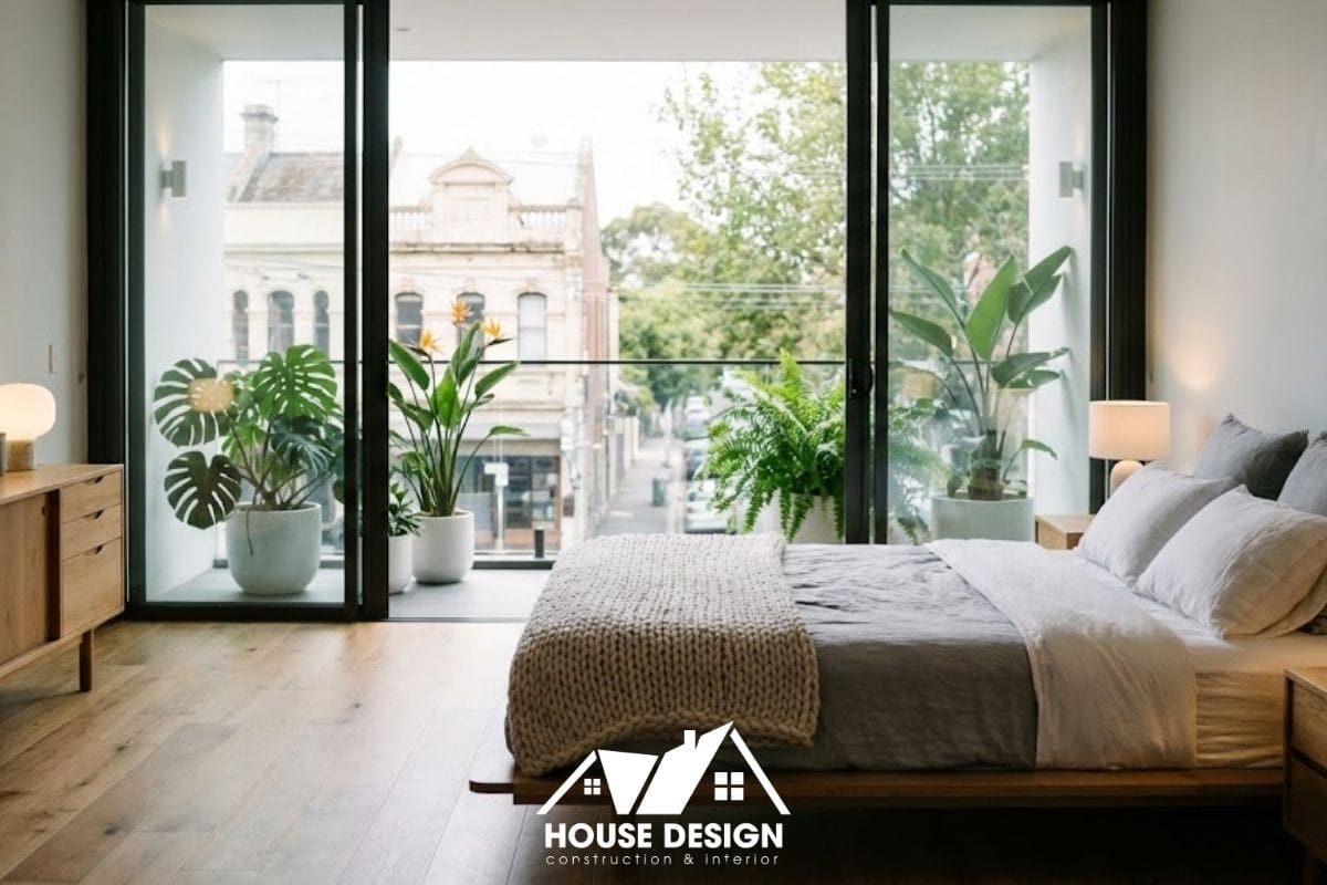 Phòng ngủ Master tại tầng 2 với cửa kính lùa rộng mở ra ban công trồng cây xanh mát mẻ.