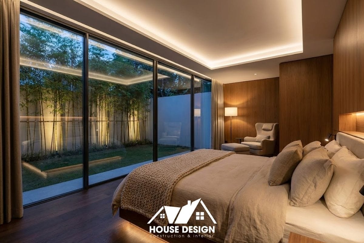 Phòng ngủ Master sang trọng với cửa kính lùa lớn mở ra khu vườn nhiệt đới riêng tư phía sau nhà.