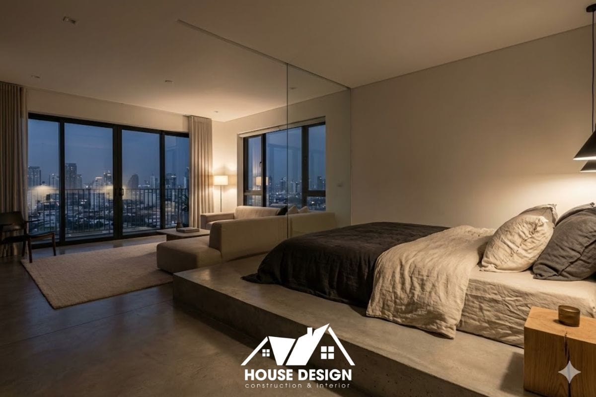 Thiết kế phòng ngủ không vách ngăn giúp tối ưu ánh sáng cho căn hộ chung cư phong cách tối giản.