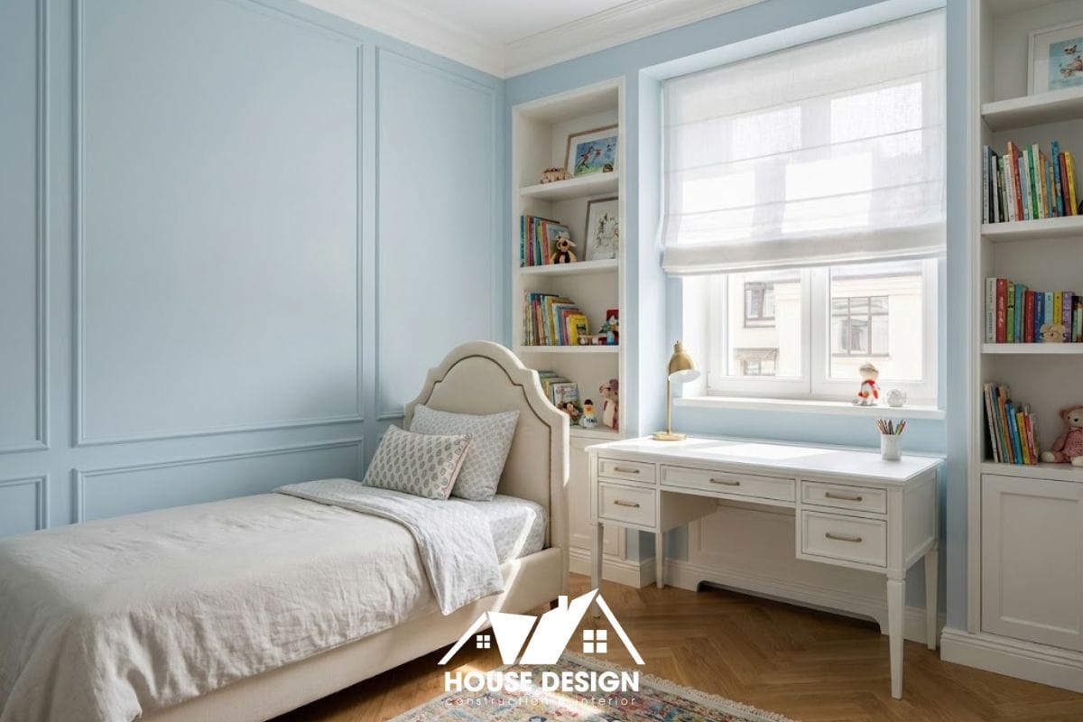 Phòng ngủ phụ trong chung cư phong cách tân cổ điển được thiết kế thông minh kết hợp bàn học và giường ngủ.