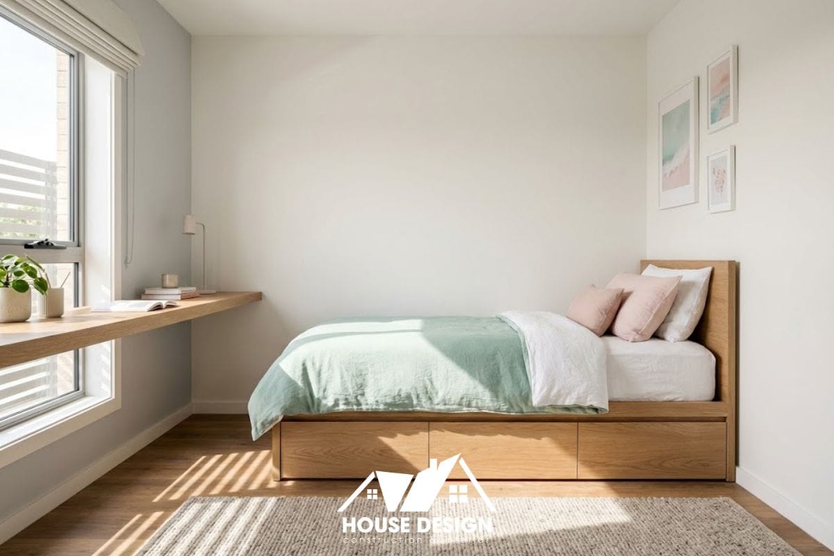 Thiết kế phòng ngủ nhỏ trong chung cư phong cách tối giản với giường tích hợp ngăn kéo và bàn học treo tường.