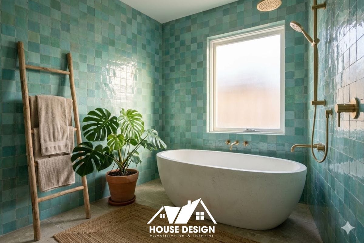 Phòng tắm lớn trong chung cư phong cách Địa Trung Hải thiết kế như spa với bồn tắm nằm và gạch ốp tường thủ công.